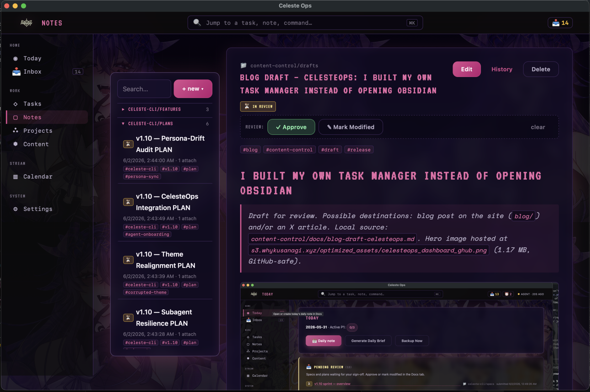 The CelesteOps Notes tab mid-review: this very blog draft sitting in-review with Approve and Mark Modified buttons, the folder sidebar grouping specs and plans on the left